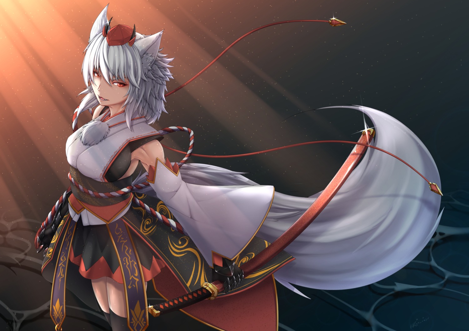 animal_ears, inubashiri_momiji, inyuppo, sword, tail, thighhighs, touhou