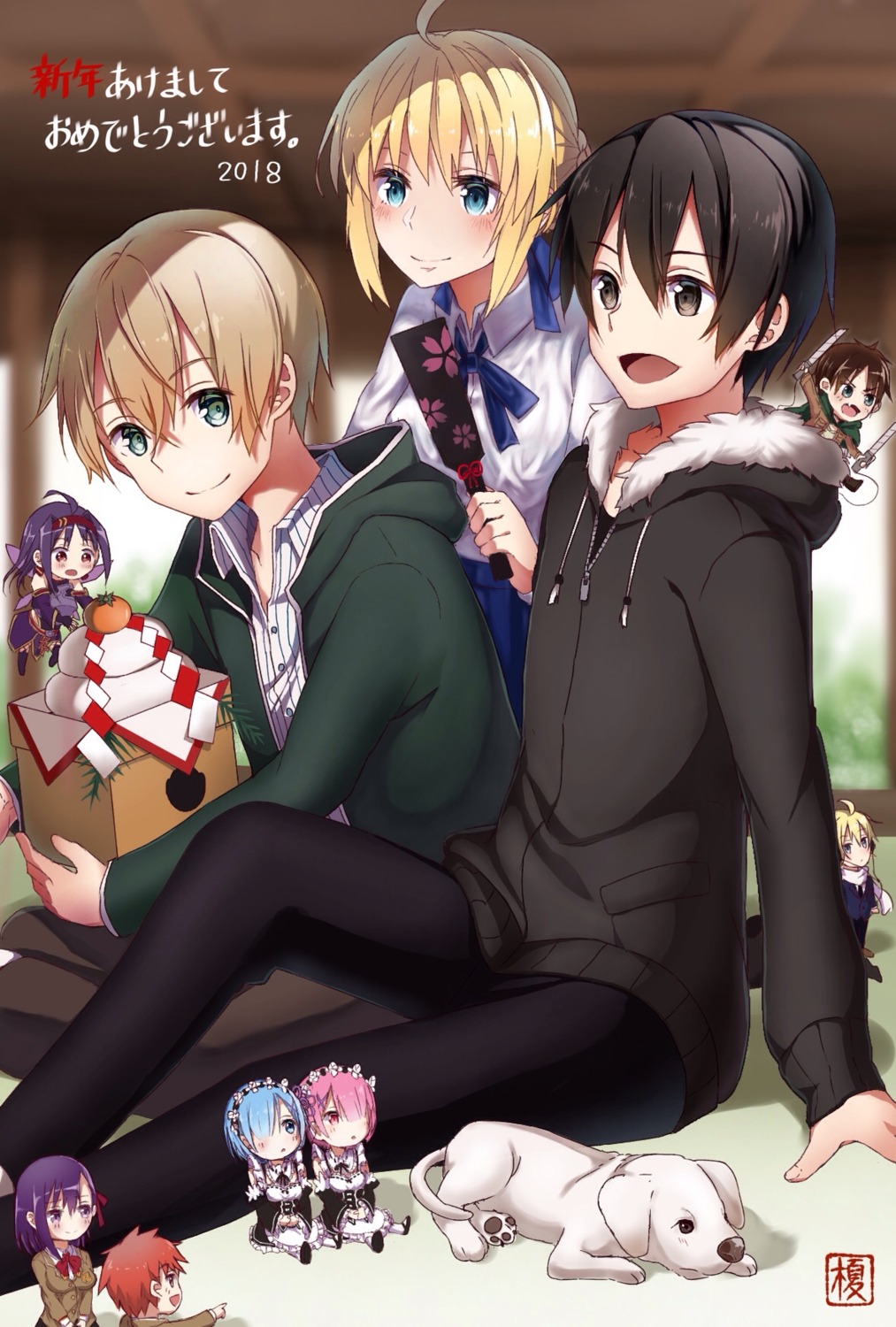 artoria_pendragon_(fate), chibi, crossover, emiya_shirou, enokimo_me, eren_jaeger, eugeo, fate/stay_night, kirito, konno_yuuki, maid, matou_sakura, ram_(re_zero), re:zero_kara_hajimeru_isekai_seikatsu, rem_(re_zero), seifuku, shingeki_no_kyojin, sword, sword_art_online, wings