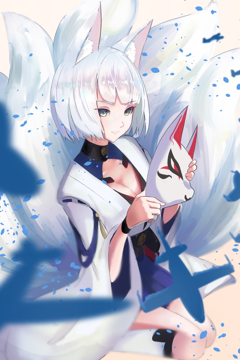 animal_ears, azur_lane, cleavage, japanese_clothes, kaga_(azur_lane), kitsune, tail, units_lustil