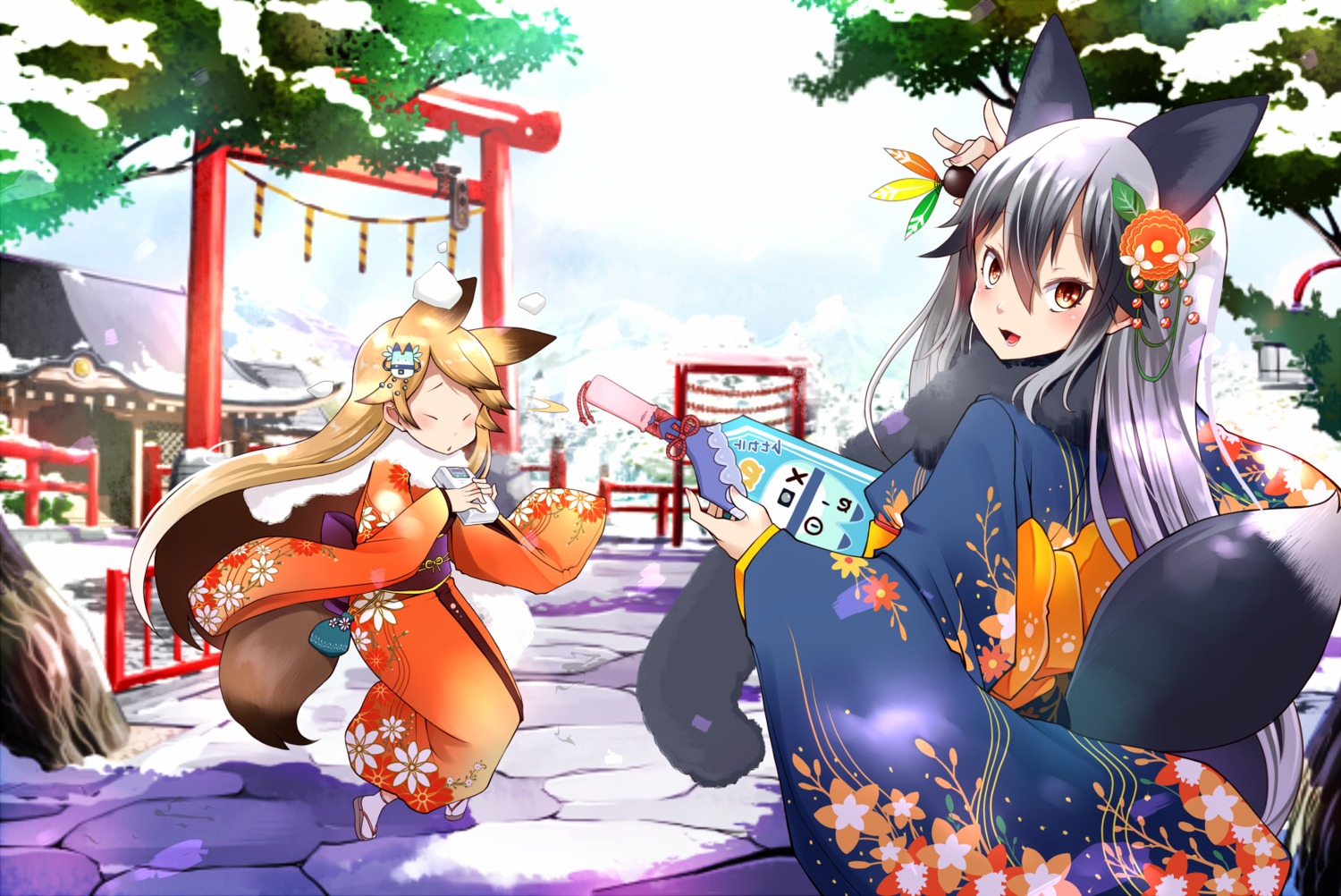 animal_ears, ezo_red_fox, kemono_friends, kimono, kitsune, lob-ster, silver_fox, tail