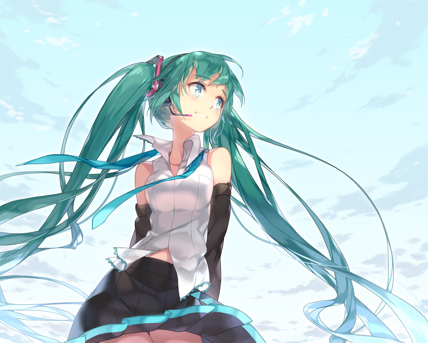 btoor, hatsune_miku, headphones, skirt_lift, vocaloid