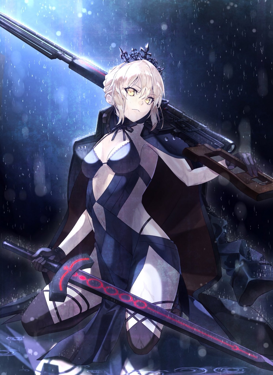 akamiso, artoria_pendragon_(fate), artoria_pendragon_alter_(fate), cleavage, dress, fate/grand_order, fate/stay_night, sword, thighhighs