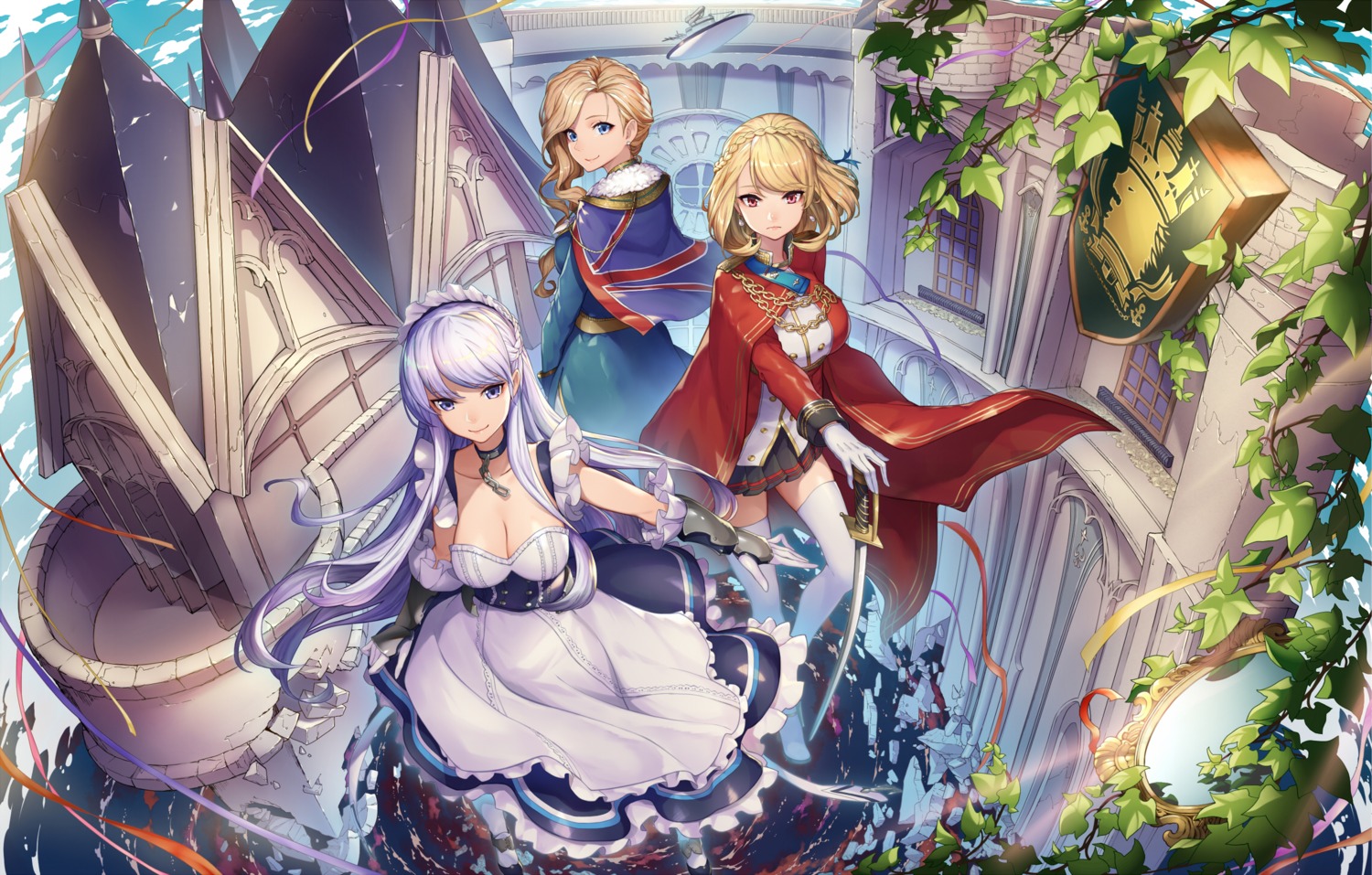 azur_lane, belfast_(azur_lane), cleavage, essual, hood_(azur_lane), maid, prince_of_wales_(azur_lane), sword, thighhighs