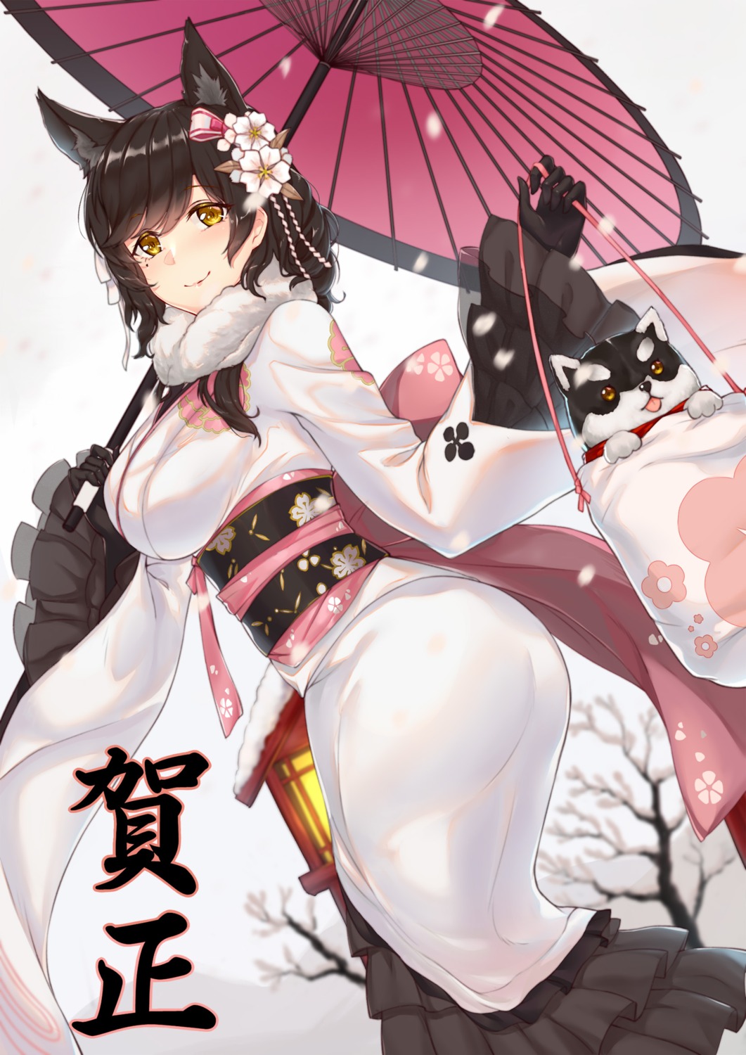animal_ears, ass, atago_(azur_lane), azur_lane, e_neko, kimono, umbrella