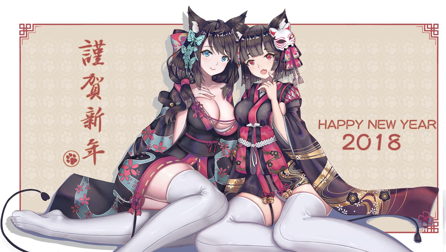 animal_ears, azur_lane, fusou_(azur_lane), j_junz, japanese_clothes, open_shirt, pantsu, thighhighs, yamashiro_(azur_lane)