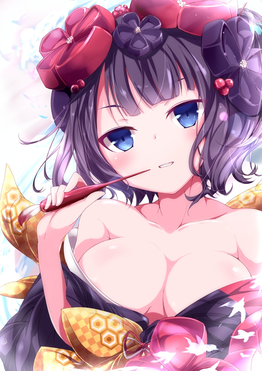 cleavage, fate/grand_order, katsushika_hokusai_(fate), kimono, nanaume_(shichimi_tougarashi), no_bra, open_shirt