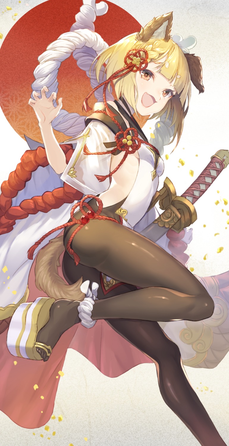 animal_ears, ass, gi_(melmail), granblue_fantasy, inumimi, no_bra, pantyhose, see_through, sword, tail, vajra_(granblue_fantasy)