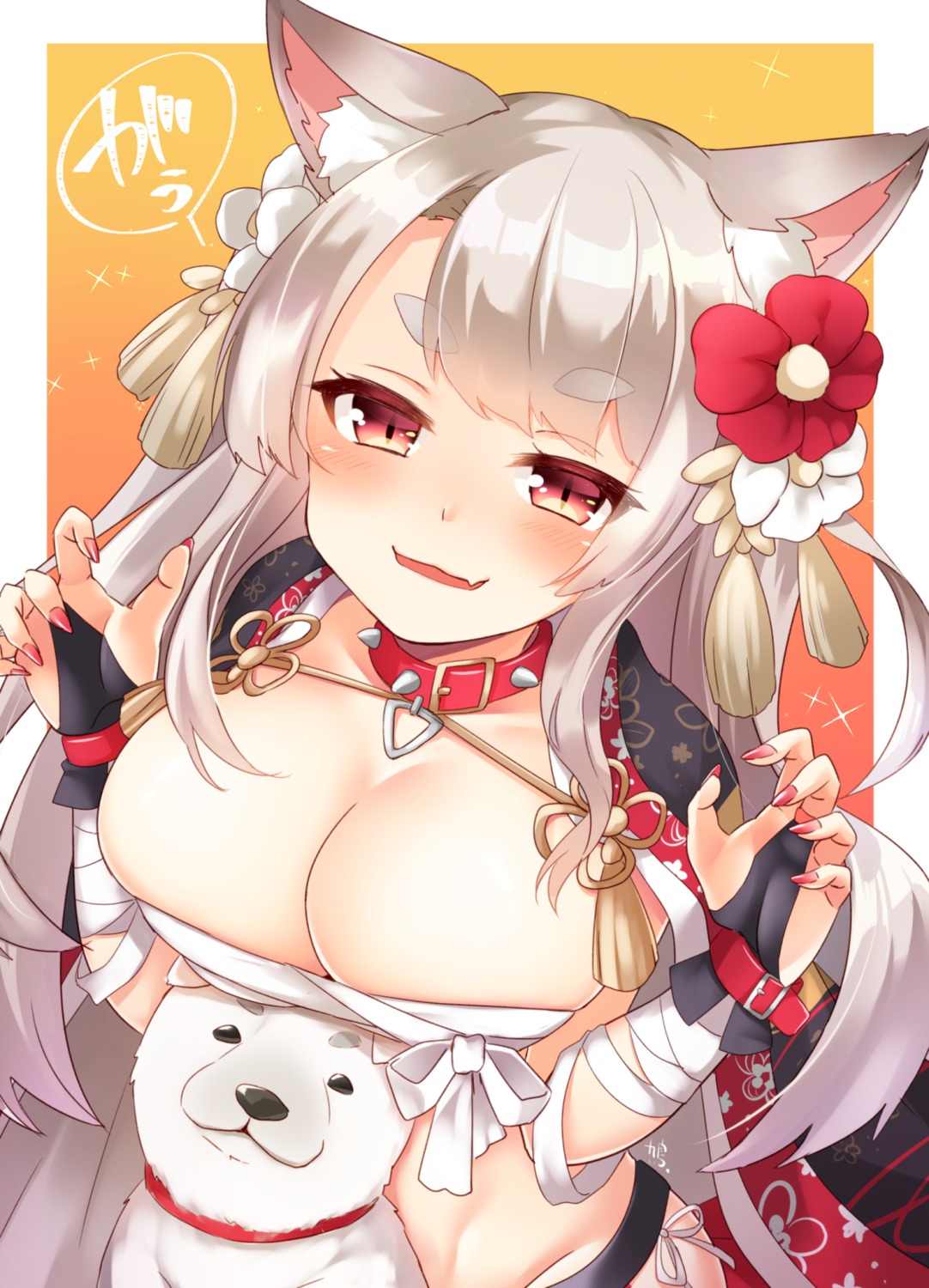 animal_ears, azur_lane, cleavage, hatomugi_(mugicha), pantsu, sarashi, string_panties, yuudachi_(azur_lane)