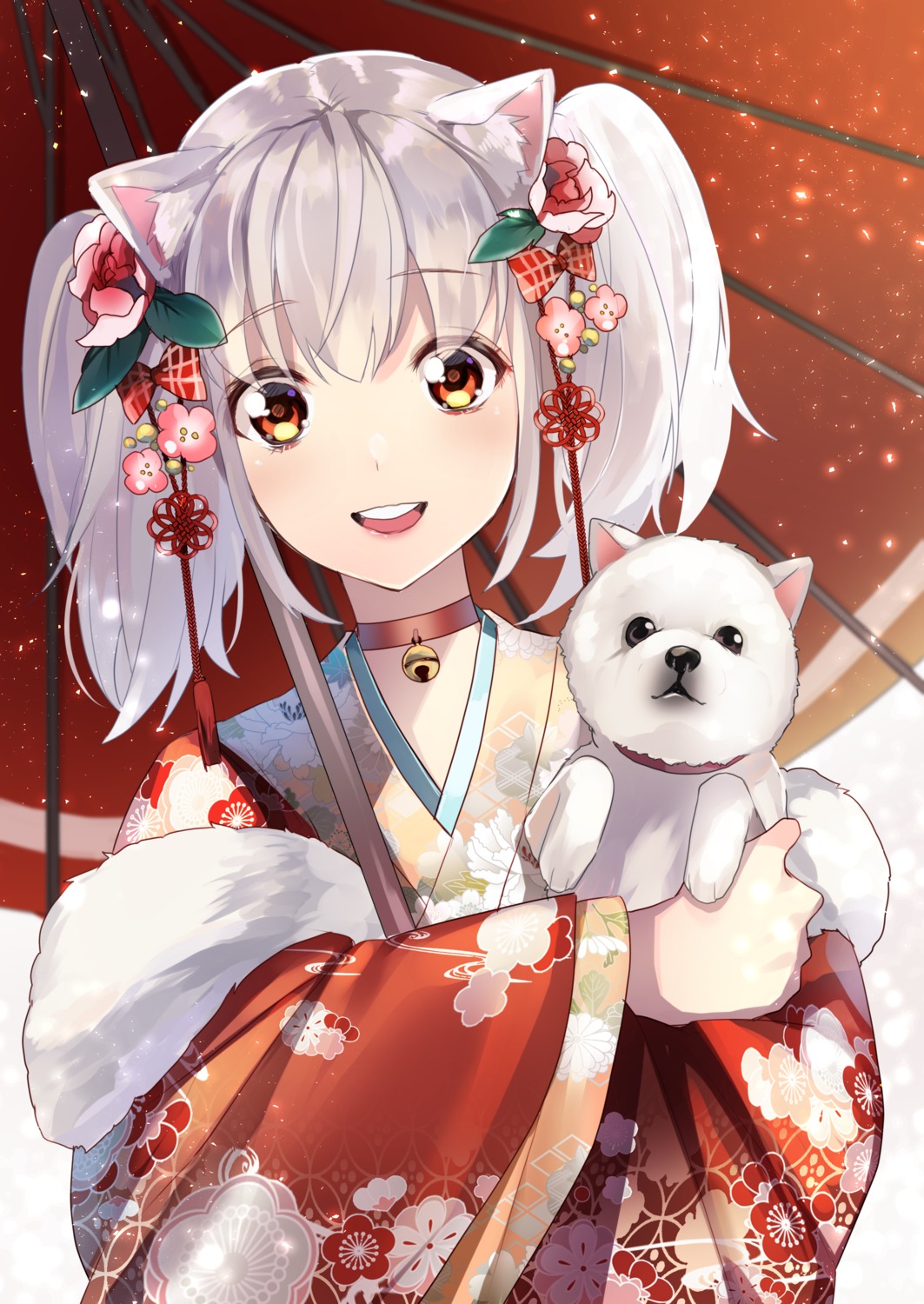 animal_ears, derori, kimono, umbrella