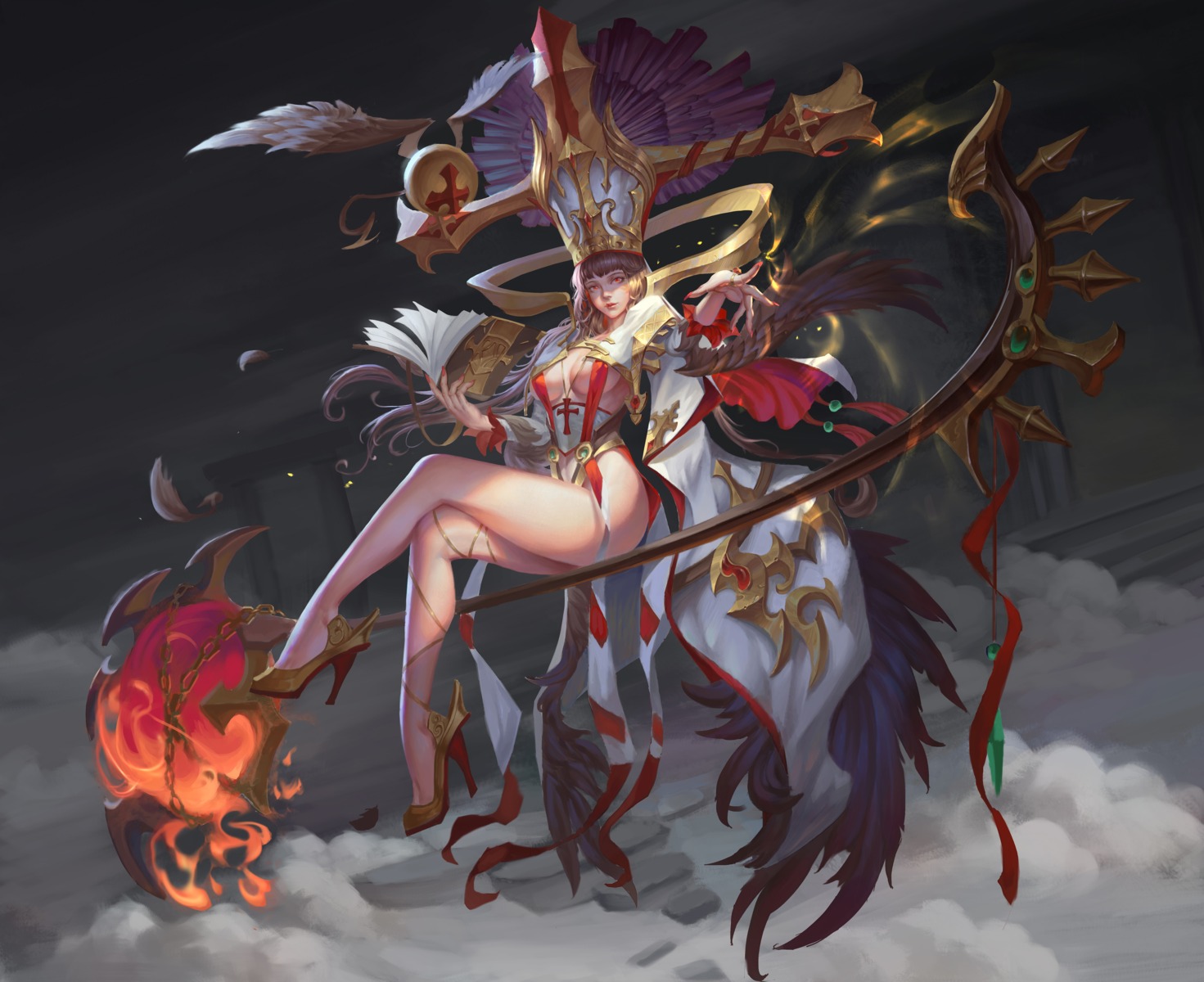 cleavage, god_hunter, heels, no_bra, weapon