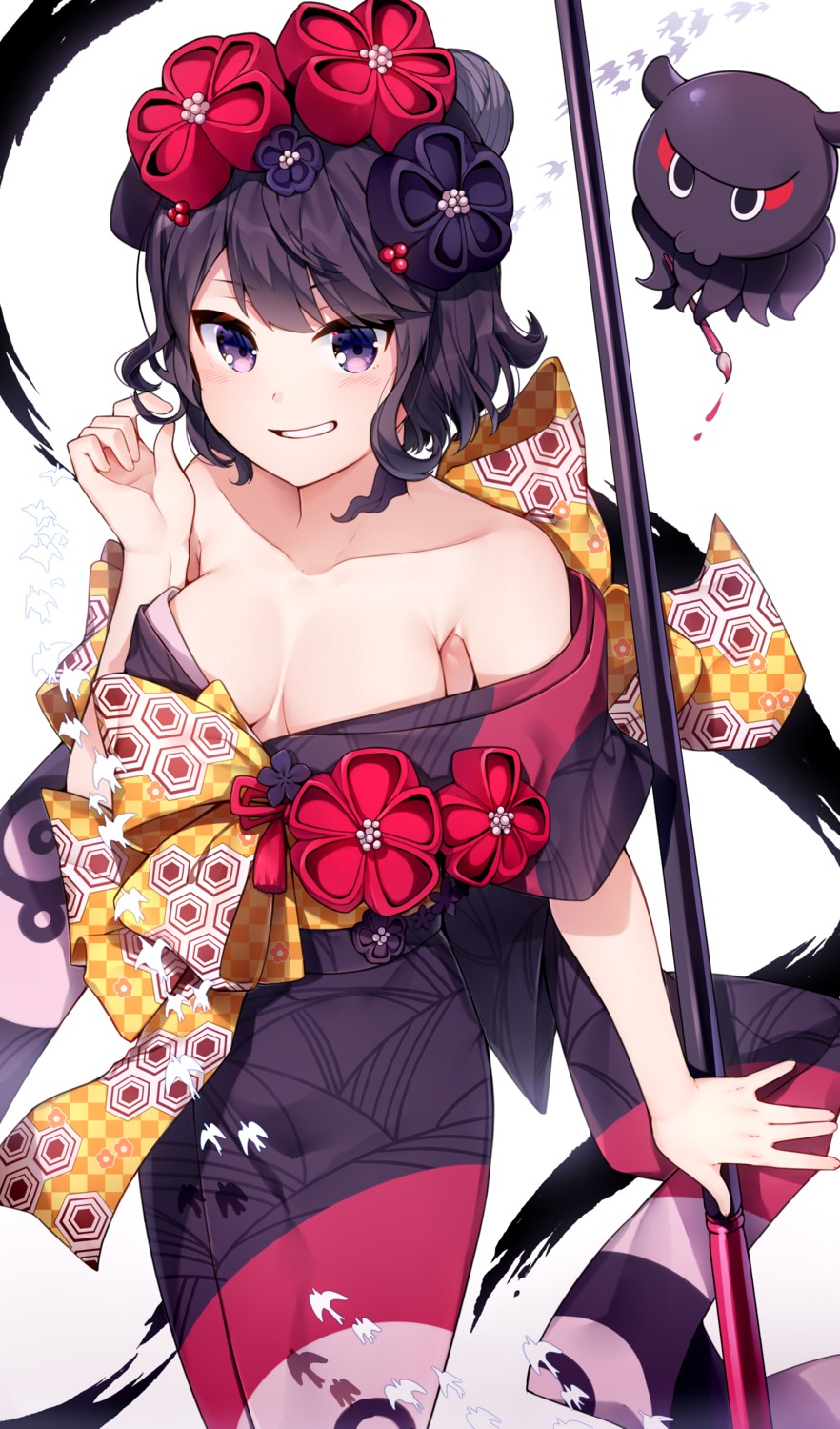 0ye, cleavage, fate/grand_order, katsushika_hokusai_(fate), kimono, no_bra, open_shirt