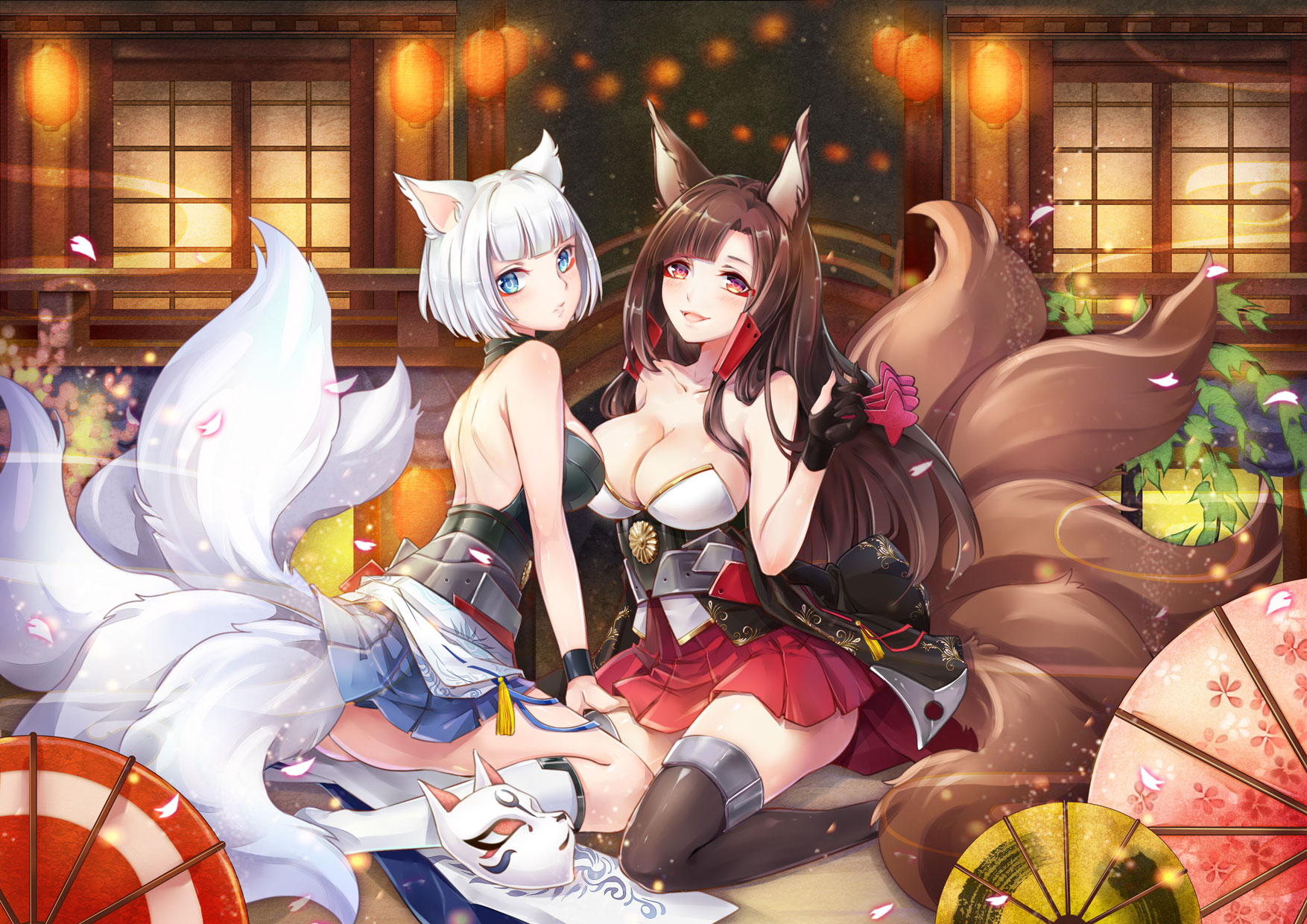akagi_(azur_lane), animal_ears, azur_lane, death-the-cat, kaga_(azur_lane), kitsune, tail, thighhighs