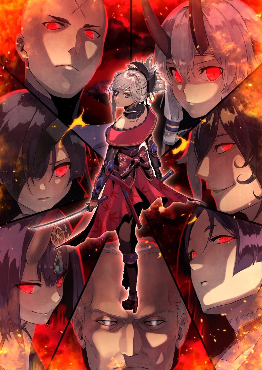 akamiso, ashiya_douman_(fate/grand_order), eyepatch, fate/grand_order, heels, horns, houzouin_inshun_(fate/grand_order), japanese_clothes