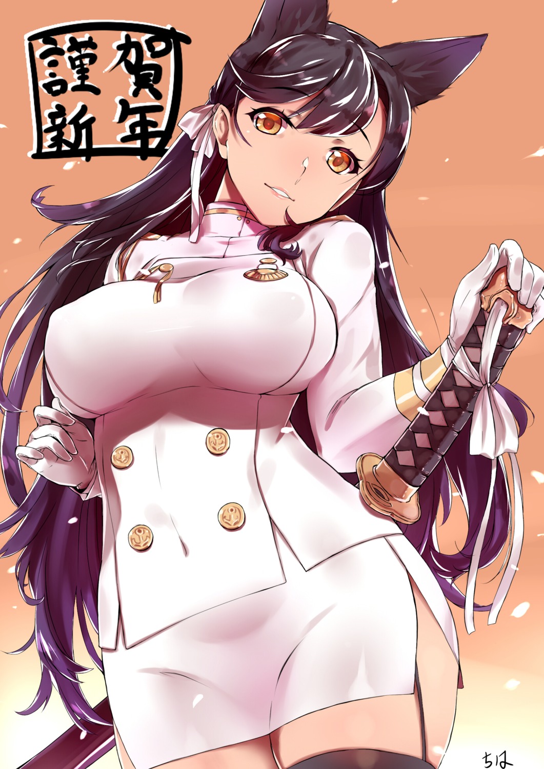 animal_ears, atago_(azur_lane), azur_lane, stockings, sword, thighhighs, tiha, uniform