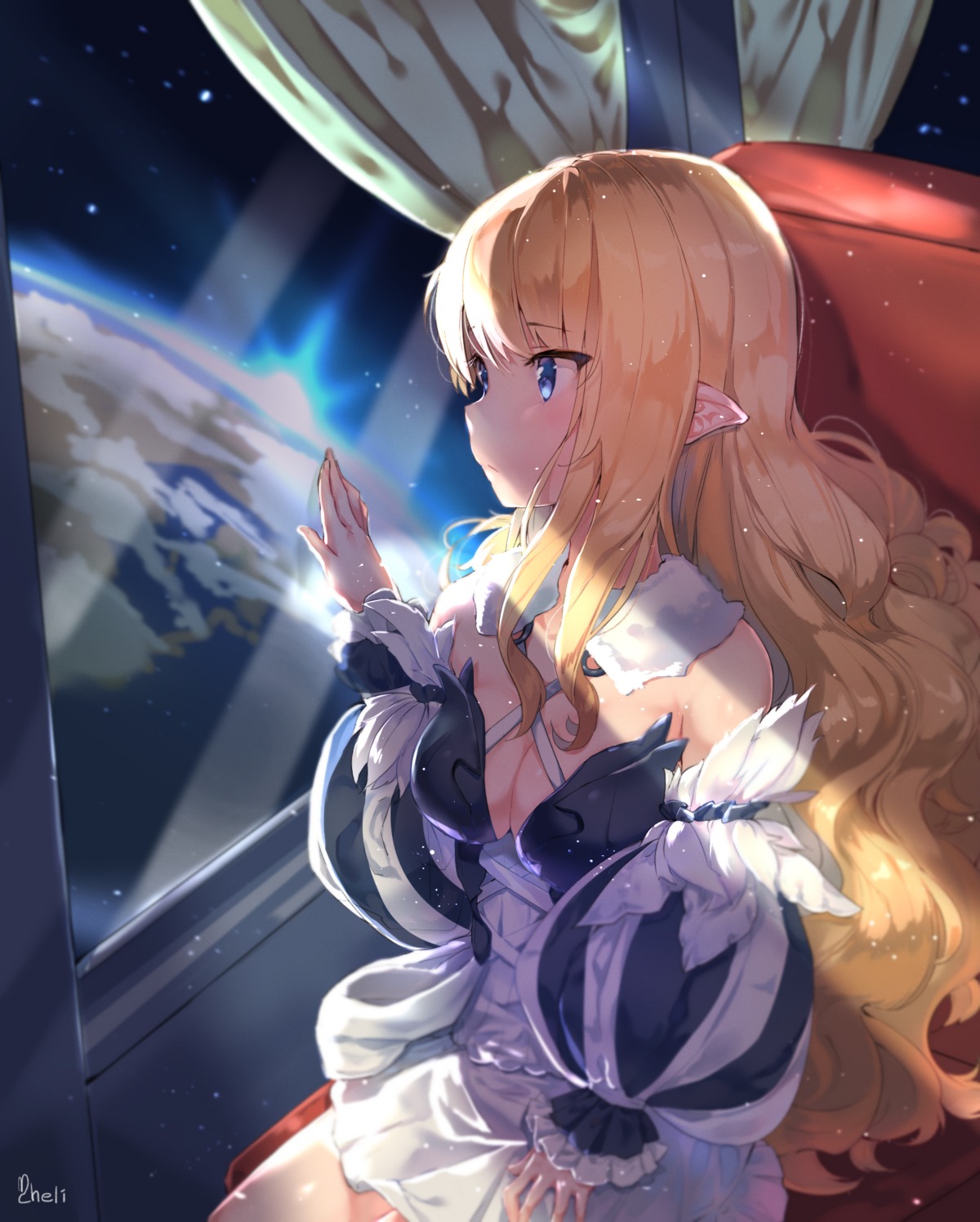 cheli_(kso1564), cleavage, dress, pointy_ears