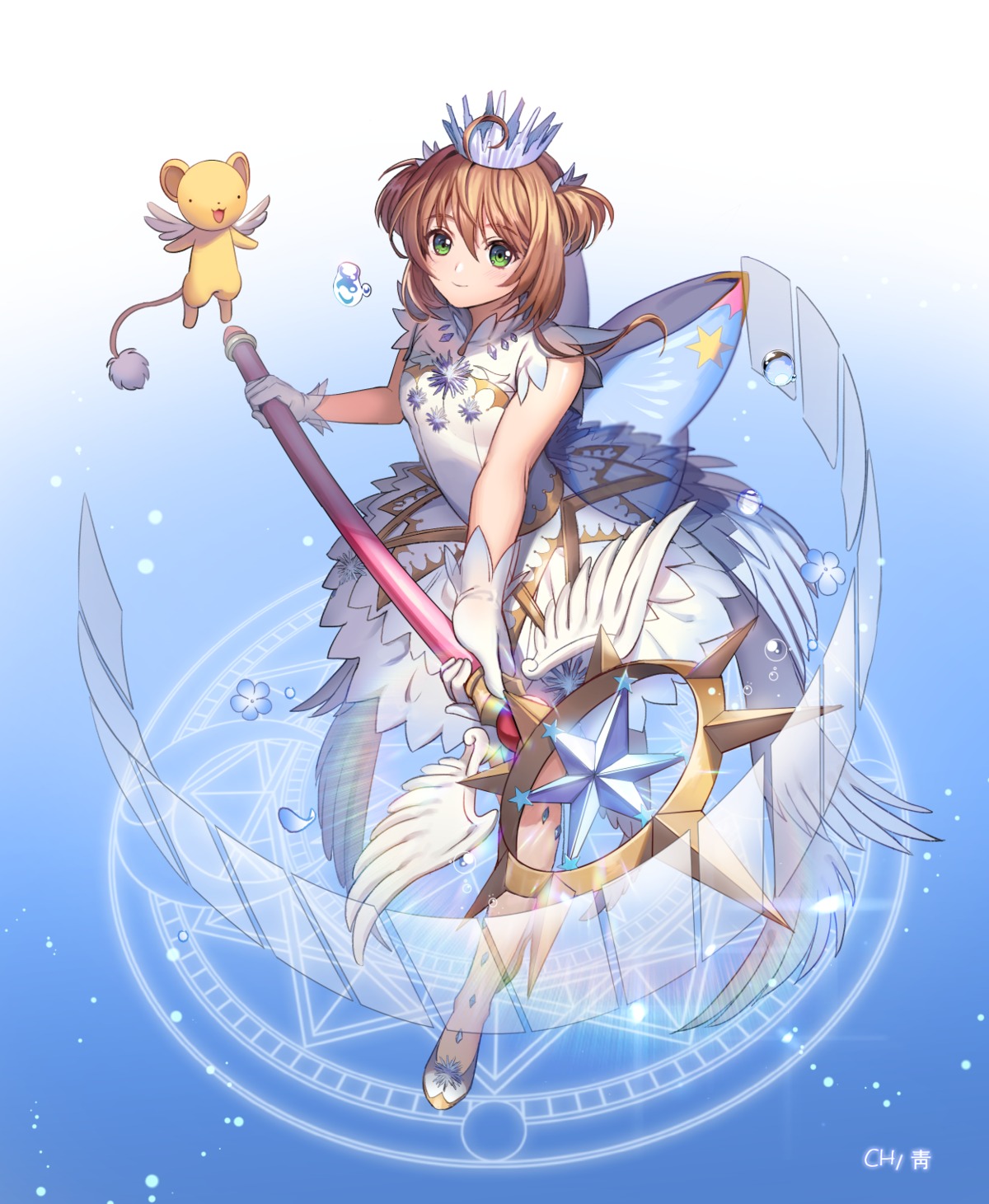 card_captor_sakura, dress, hc_(razel1), kerberos, kinomoto_sakura, weapon, wings
