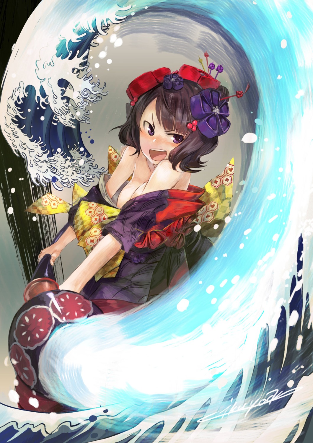 fate/grand_order, ikuyoan, japanese_clothes, katsushika_hokusai_(fate), no_bra, open_shirt