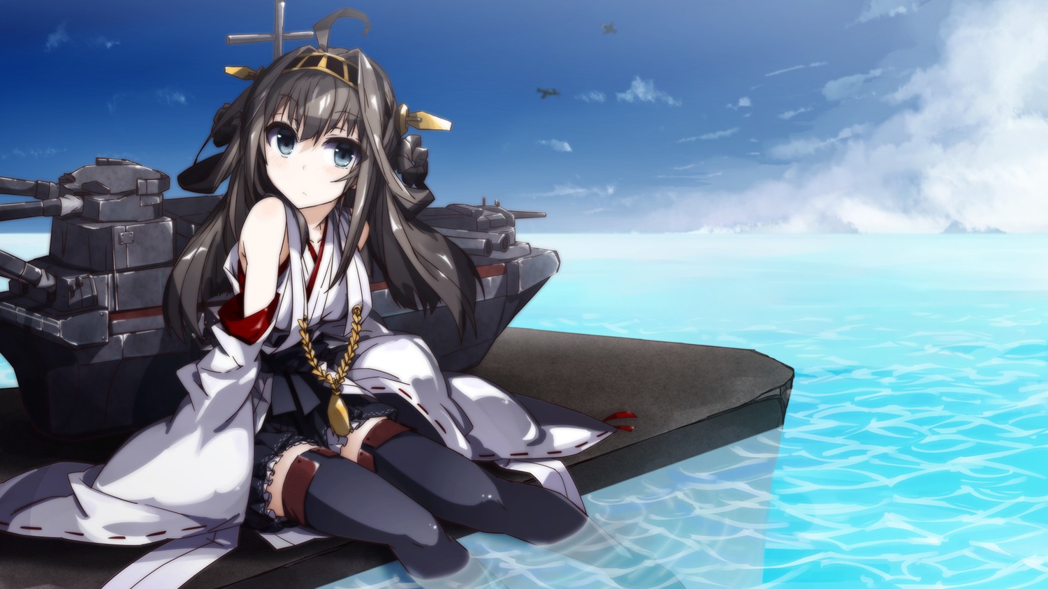 kantai_collection, kongou_(kancolle), thighhighs, vane, wet