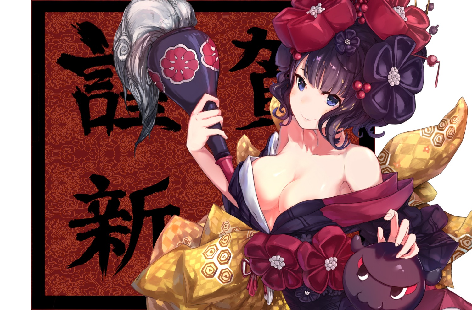 cleavage, fate/grand_order, katsushika_hokusai_(fate), kimono, no_bra, open_shirt, shionji_ax