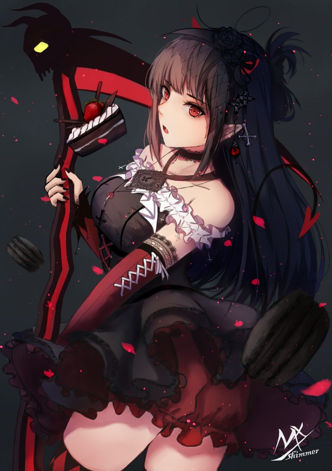 bloomers, dress, pointy_ears, shy_(953416992), tail, thighhighs, weapon