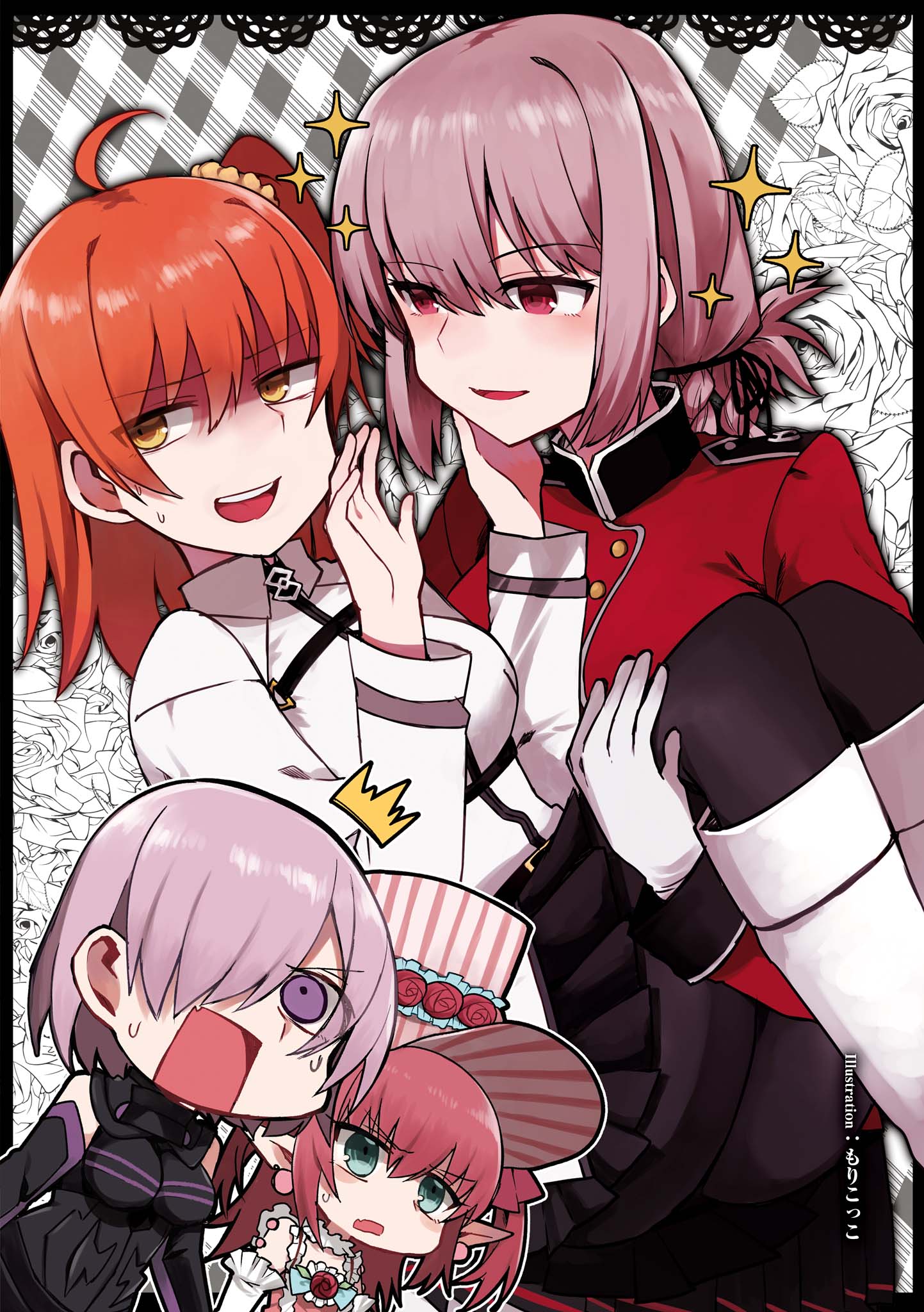 armor, chibi, elizabeth_bathory, fate/grand_order, florence_nightingale_(fate), fujimaru_ritsuka_(female), mash_kyrielight, morikokko, pantyhose, pointy_ears, uniform, yuri