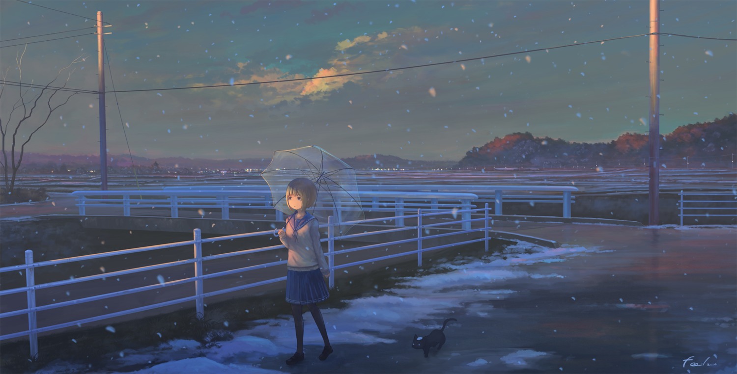 feel_(nasitaki), landscape, neko, seifuku, sweater, umbrella