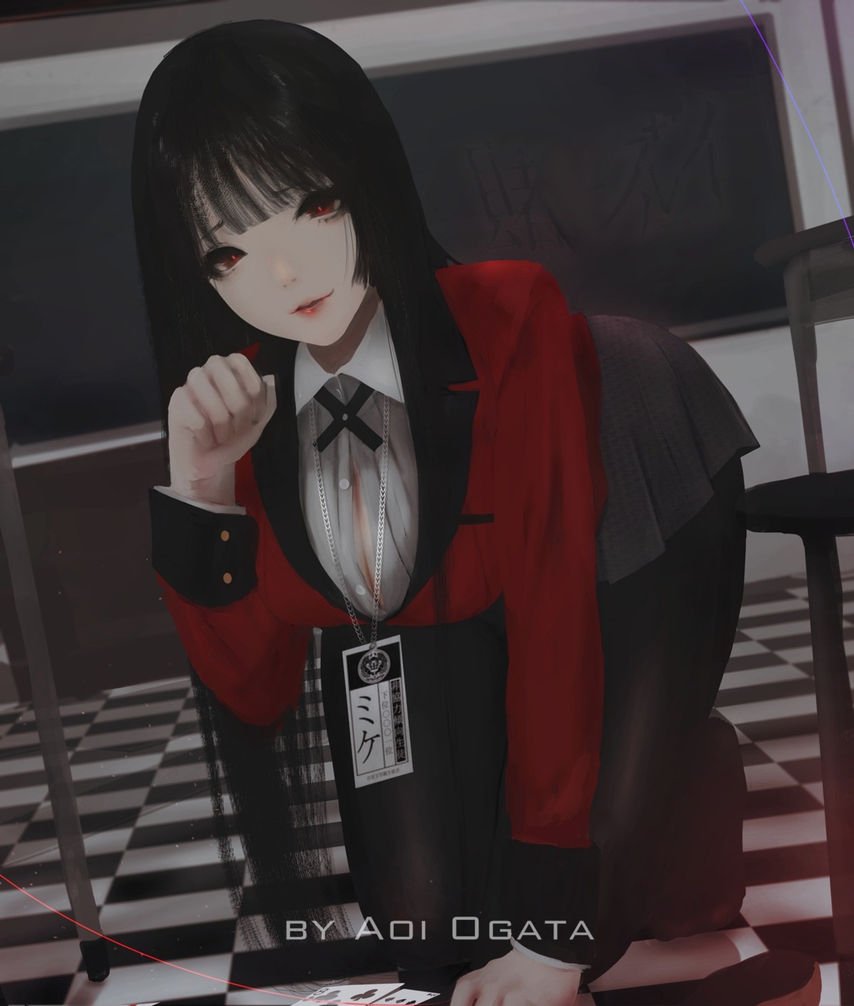 aoi_ogata, cleavage, jabami_yumeko, kakegurui, pantyhose, seifuku