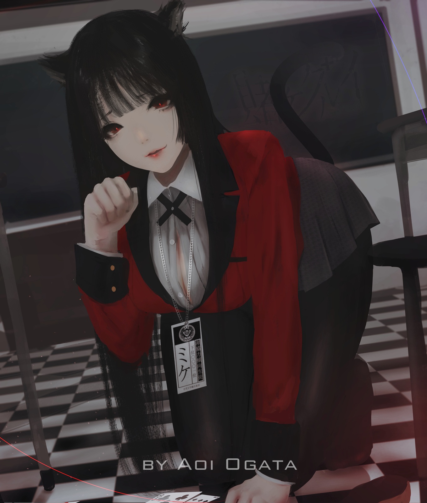 animal_ears, aoi_ogata, cleavage, jabami_yumeko, kakegurui, nekomimi, pantyhose, seifuku, tail