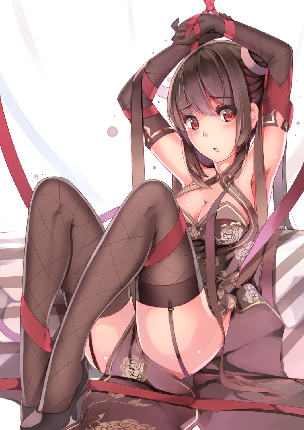 bondage, chinadress, cleavage, comic_aun, fishnets, heels, stockings, thighhighs