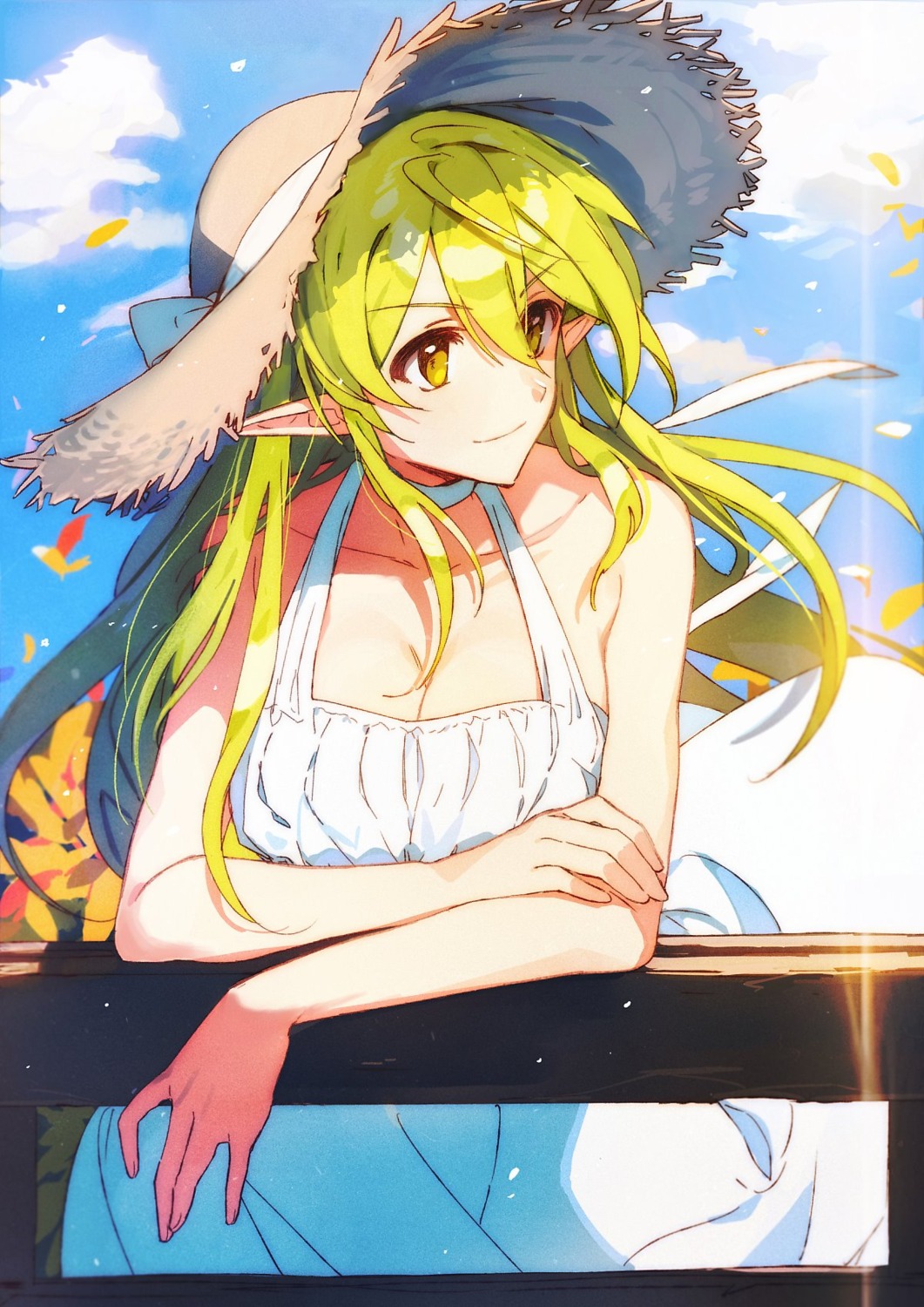 cleavage, dress, elf, elsword, jpeg_artifacts, pointy_ears, rena_(elsword), summer_dress, tagme