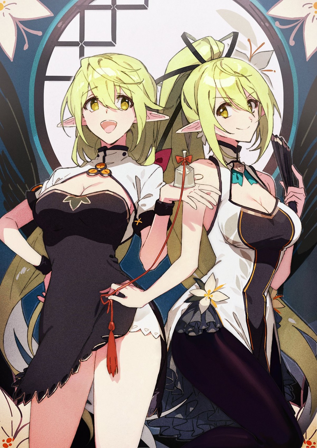 chinadress, cleavage, elf, elsword, jpeg_artifacts, pantyhose, pointy_ears, rena_(elsword), tagme