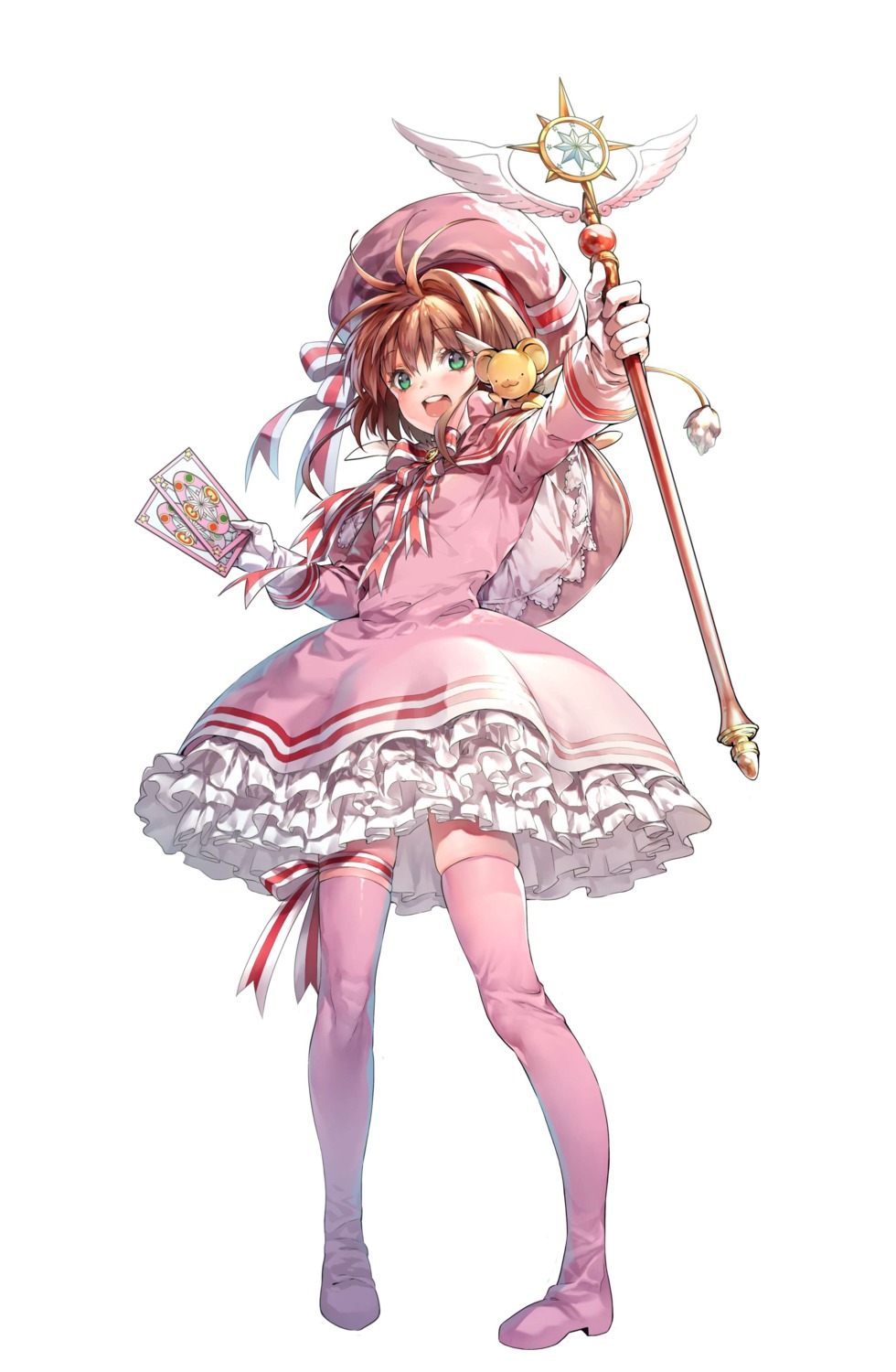 card_captor_sakura, dress, hanababy91, kinomoto_sakura, thighhighs, weapon