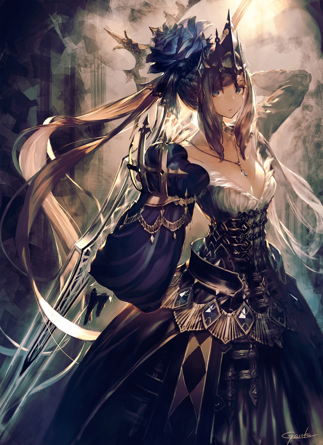 armor, cleavage, dress, garuku, sword