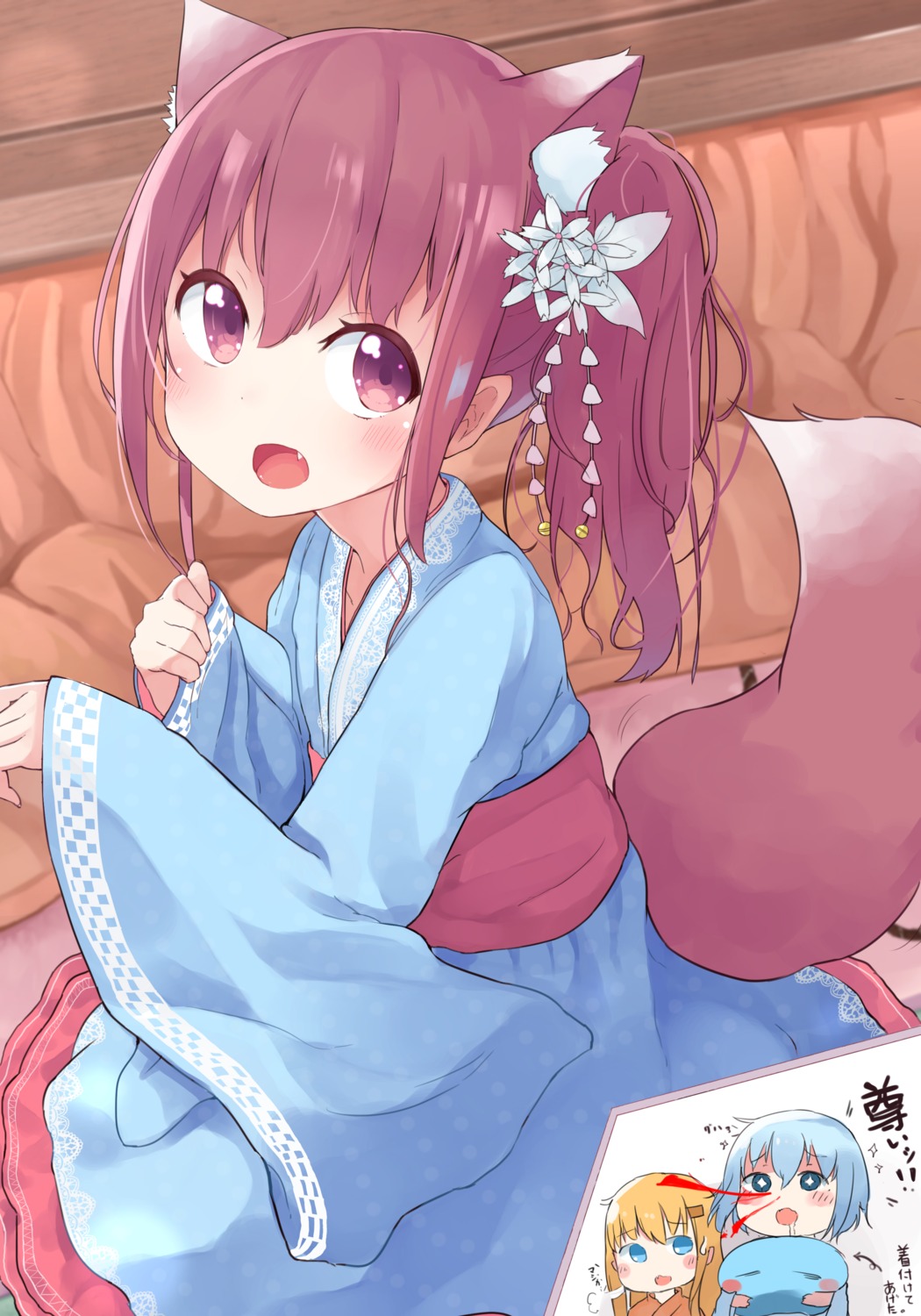 animal_ears, blood, kimono, okota_mikan, tail