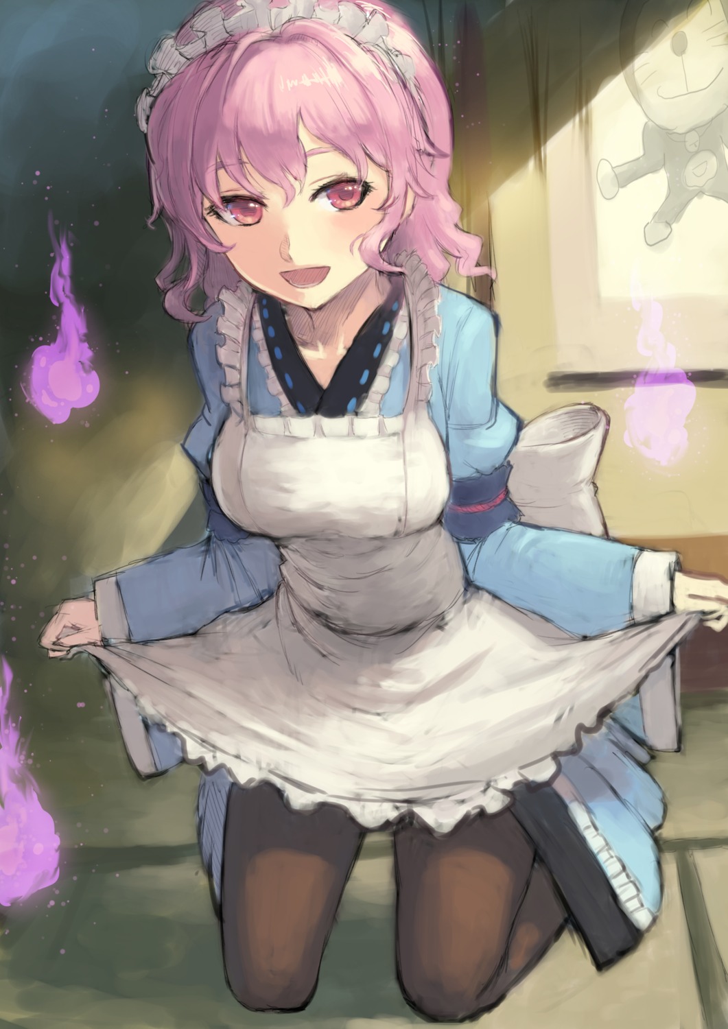 desuka_(sasadango6), doraemon, doraemon_(character), maid, pantyhose, saigyouji_yuyuko, skirt_lift, touhou