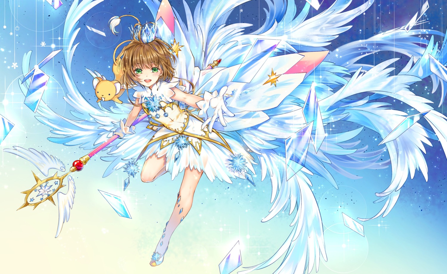 card_captor_sakura, dress, kerberos, kingchenxi, kinomoto_sakura, see_through, weapon, wings