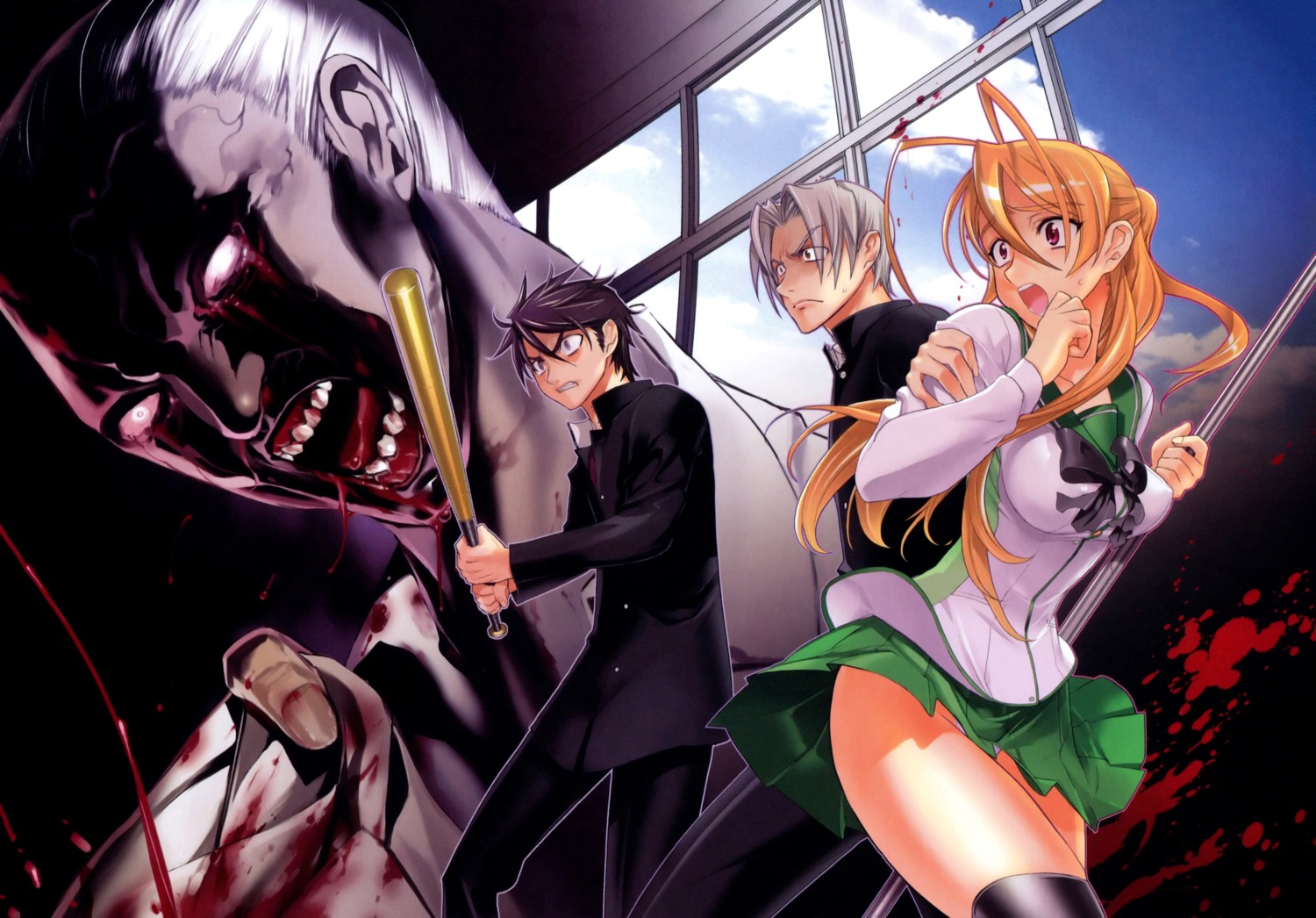 blood, highschool_of_the_dead, igou_hisashi, inazuma, komuro_takashi, miyamoto_rei, pantsu, seifuku