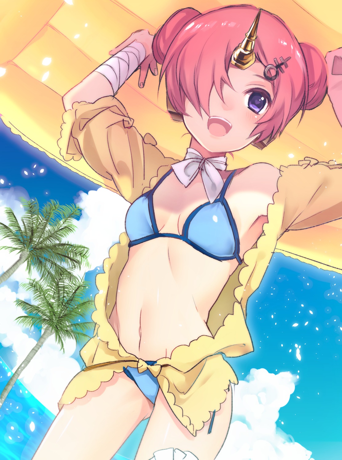 bandages, bikini, cleavage, fate/grand_order, frankenstein's_monster_(fate), horns, open_shirt, shinoko, swimsuits