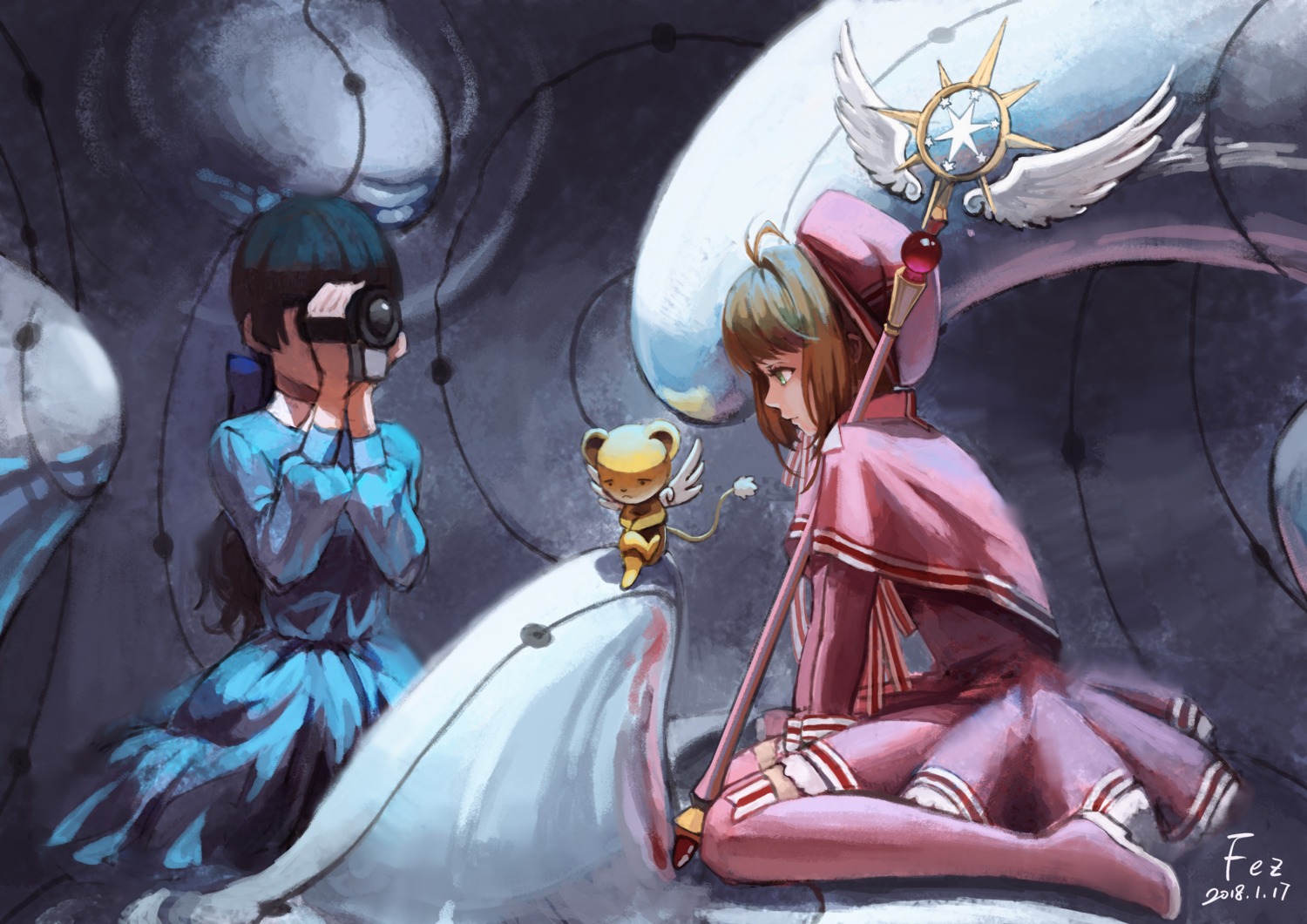 card_captor_sakura, daidouji_tomoyo, dress, kerberos, kinomoto_sakura, thighhighs, weapon, xiaobanbei_milk