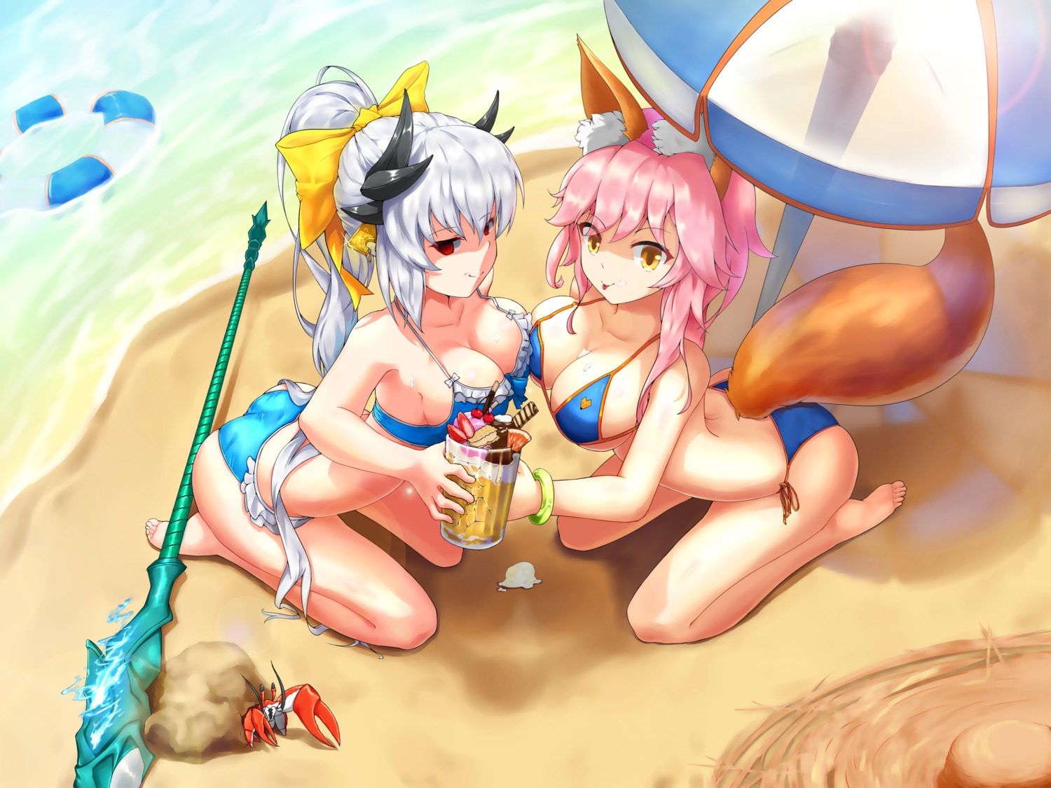 animal_ears, fate/grand_order, horns, kiyohime_(fate), nine, swimsuits, symmetrical_docking, tail