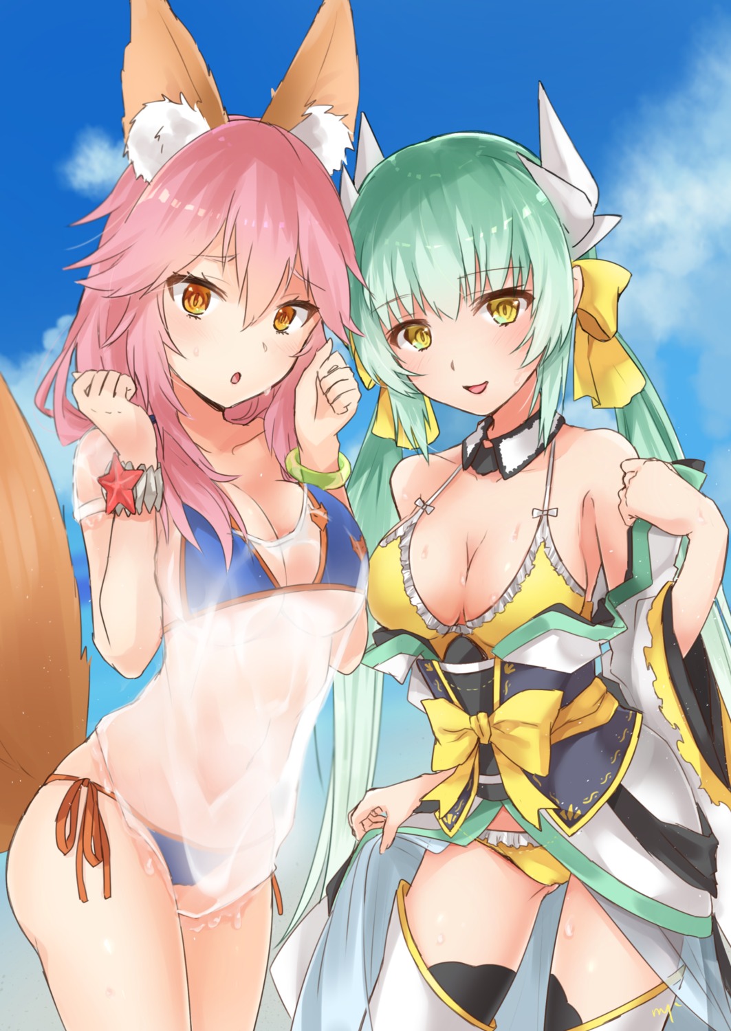 animal_ears, cleavage, fate/grand_order, hiyoko_biimu, horns, japanese_clothes, kiyohime_(fate), open_shirt, see_through, skirt_lift, swimsuits, tail, tamamo_no_mae, thighhighs, wet_clothes