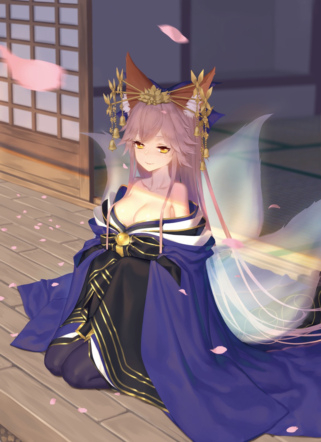 animal_ears, cleavage, fate/grand_order, hoshi_o_mite, japanese_clothes, open_shirt, tail, tamamo_no_mae