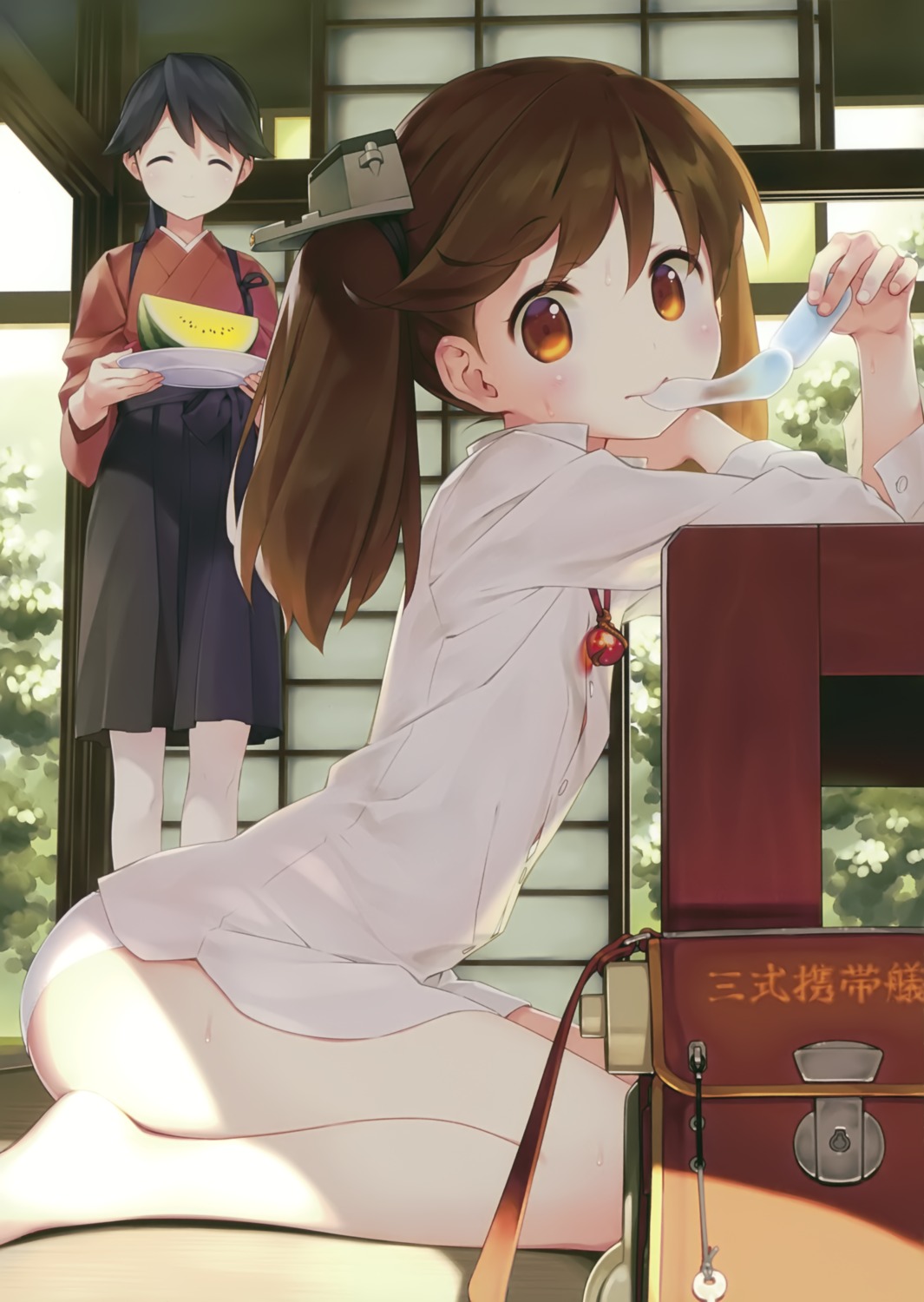 akutoku_doumei, ass, dress_shirt, gayarou, houshou_(kancolle), japanese_clothes, kantai_collection, pantsu, ryuujou_(kancolle)