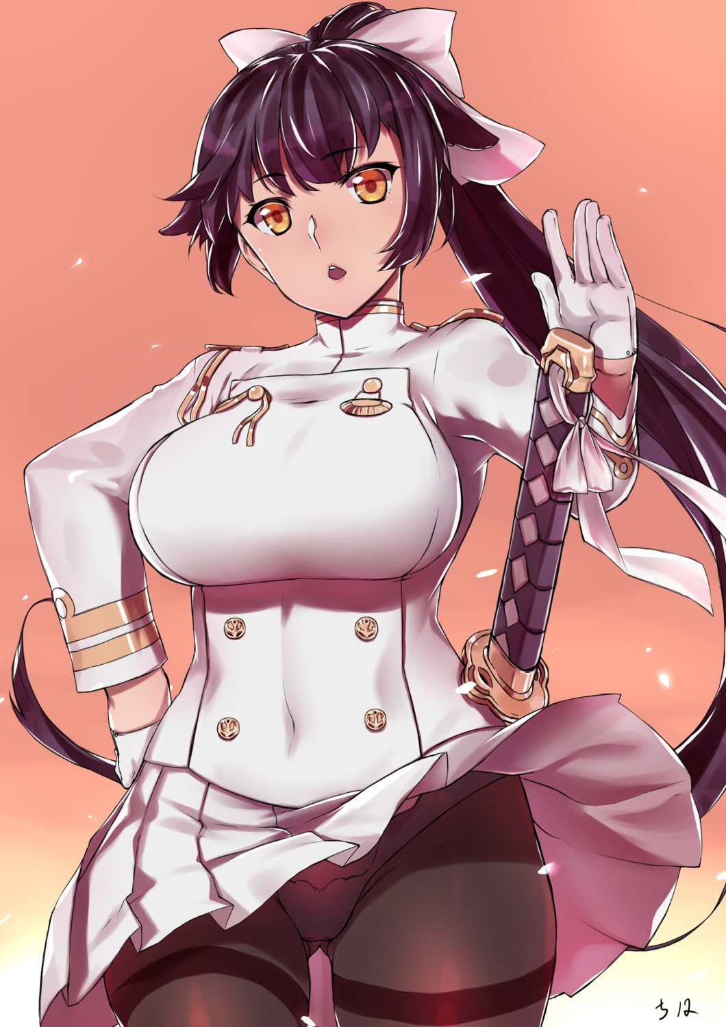 azur_lane, pantsu, pantyhose, skirt_lift, sword, takao_(azur_lane), tiha, uniform