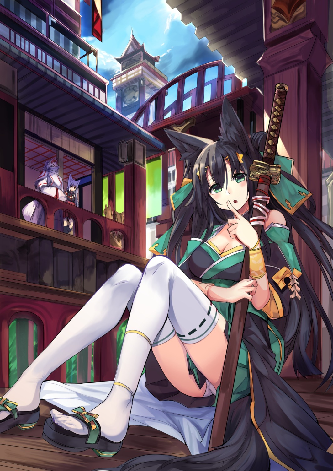 animal_ears, cleavage, haik, japanese_clothes, pantsu, sword, tail, thighhighs