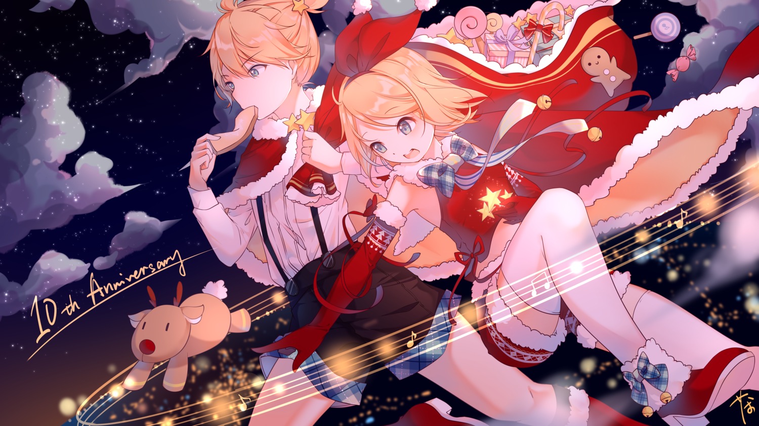 chaji_xiao_bai, christmas, heels, kagamine_len, kagamine_rin, thighhighs, vocaloid