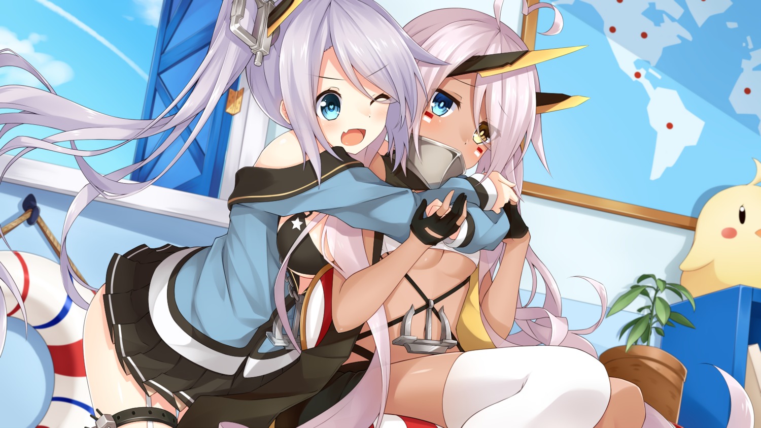 azur_lane, bikini_top, garter, heterochromia, indianapolis_(azur_lane), komori_kuduyu, manjuu_(azur_lane), open_shirt