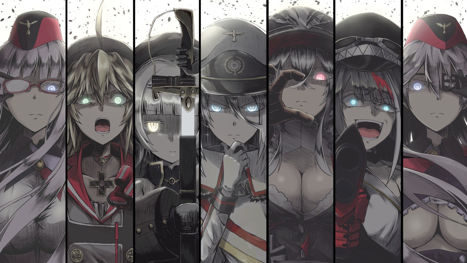 admiral_hipper_(azur_lane), azur_lane, cleavage, deutschland_(azur_lane), eyepatch, gneisenau_(azur_lane), graf_zeppelin_(azur_lane), gun