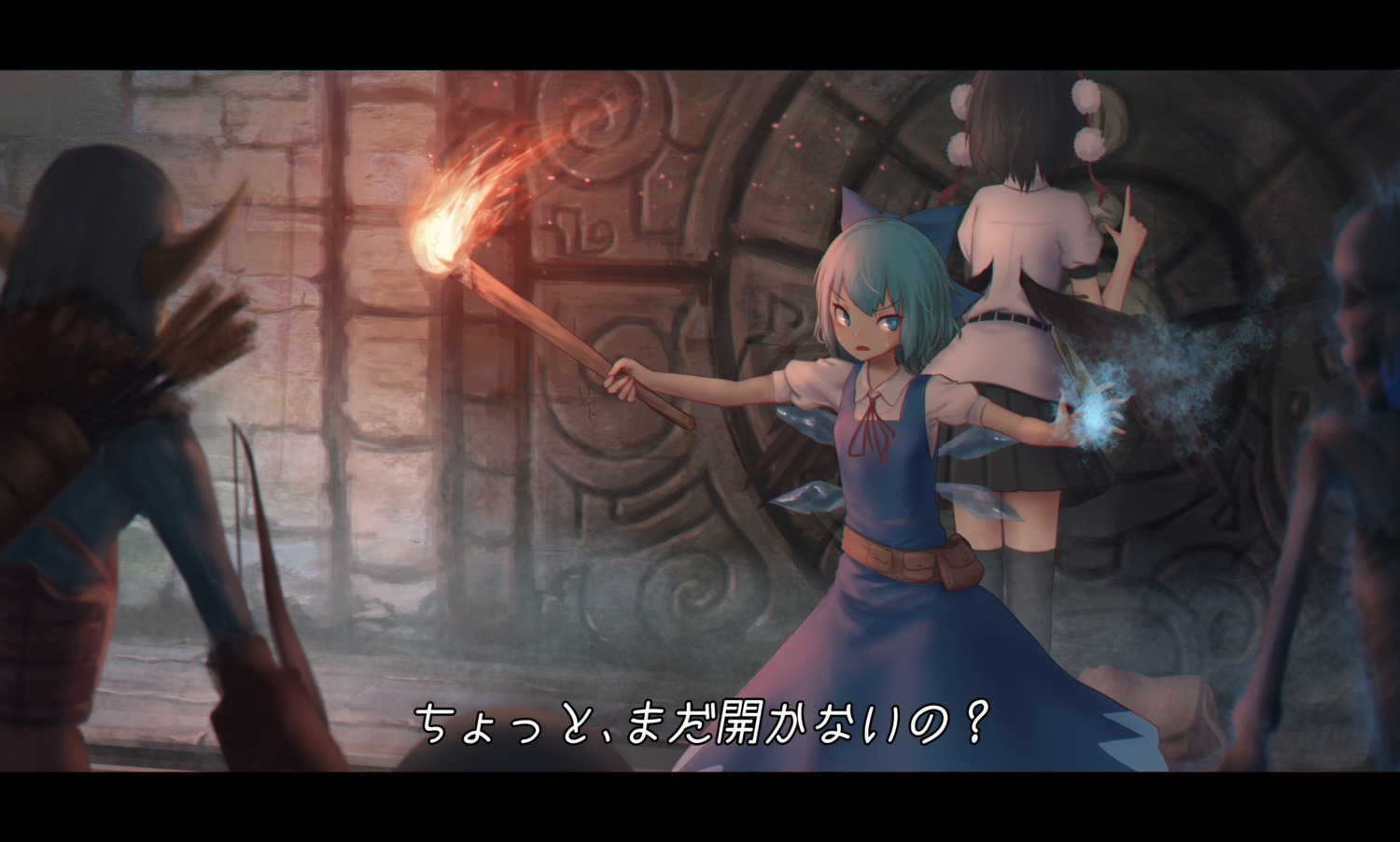 cirno, dress, monster, roke, shameimaru_aya, thighhighs, touhou, weapon, wings