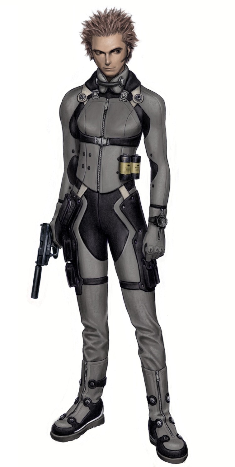 billy_bishop, bodysuit, gun, male, range_murata, spy_fiction